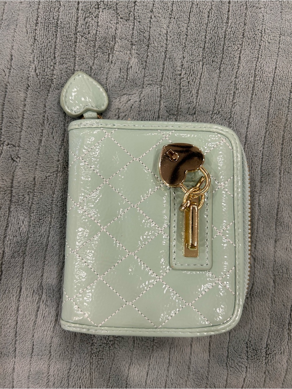 Patent Quilted Heart Charm Mini Wallet - Mint